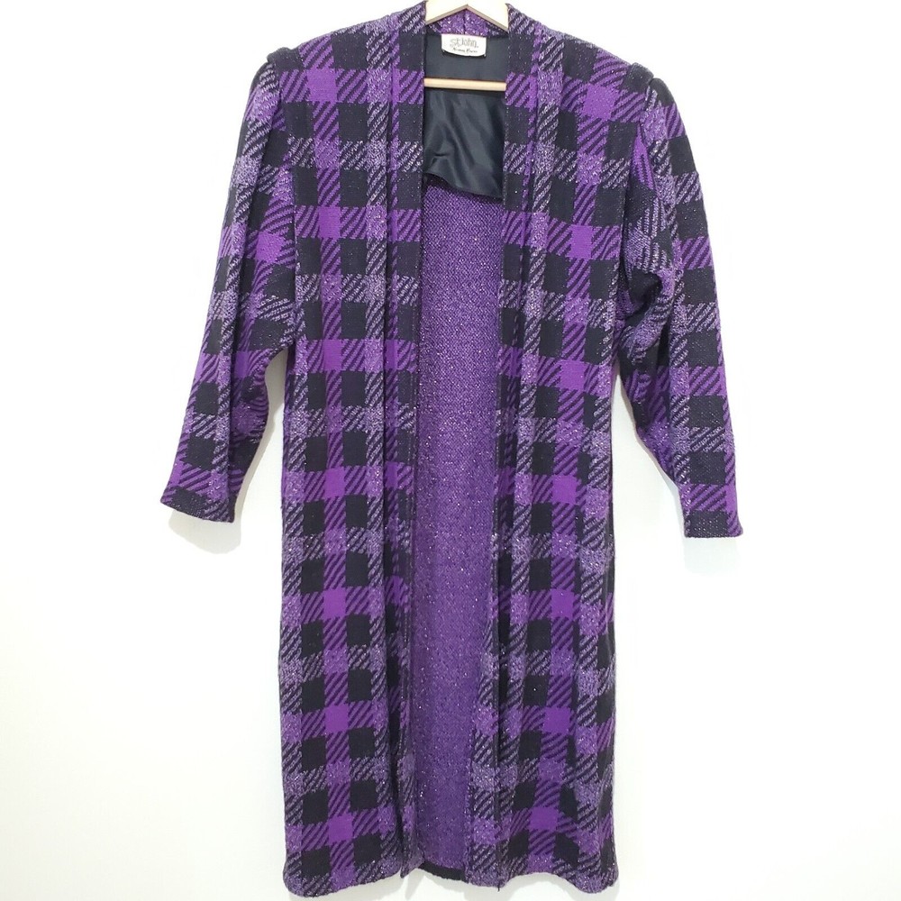 St. John for Neiman Marcus Plaid Purple Wool Knit Long Cardigan Coat Sz 10 VTG
